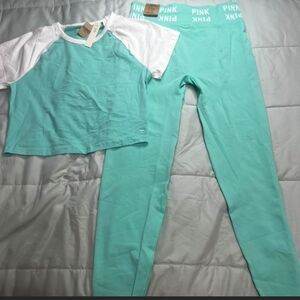 PINK Victoria's Secret Teal Green  Leggings And Tee Set NEW WITH TAGS